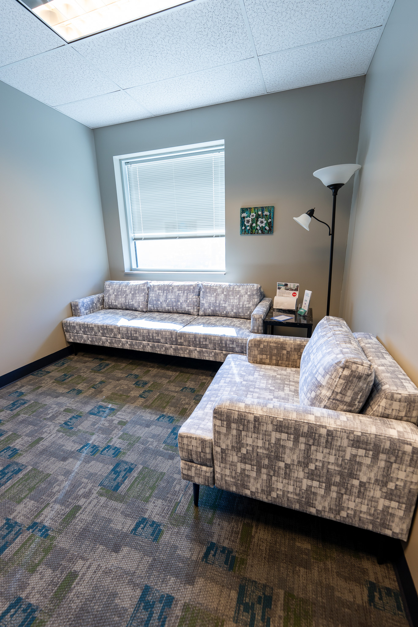 Bright and comfortable space with couches.