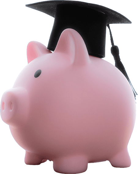 Piggy bank wearing a black graduation cap and mortar